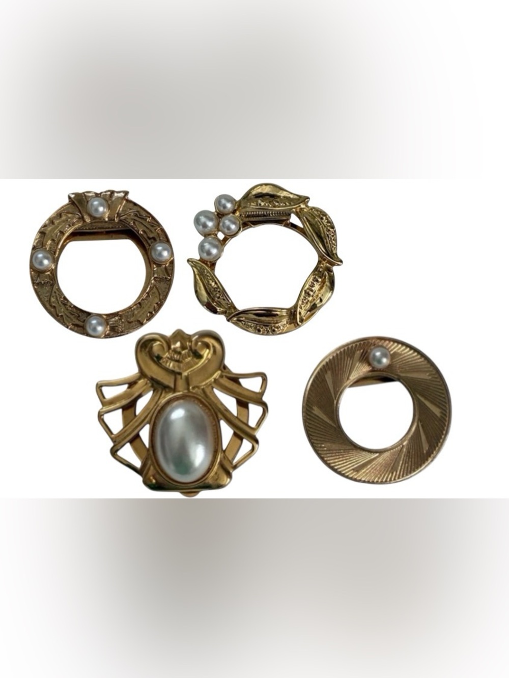 VINTAGE FAUX PEARL SCARF CLIP BUNDLE GOLD TONE SET OF FOUR